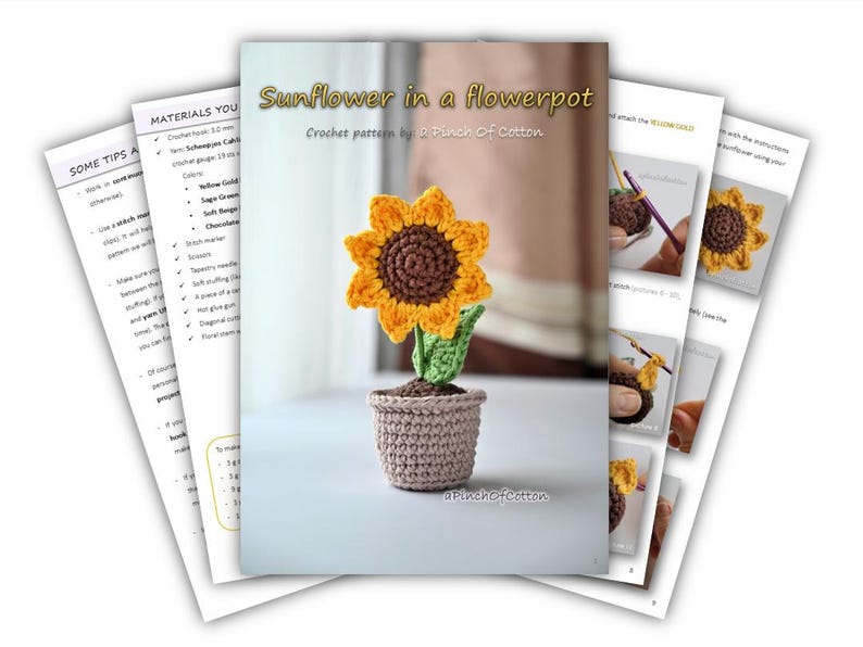 May include: Crochet pattern for a sunflower in a flowerpot. The sunflower is yellow with a brown center and green leaves. The flowerpot is brown and has a crocheted texture. The pattern is by Pinch Of Cotton.