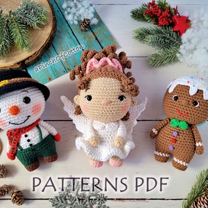 Christmas crochet PATTERNS set; 3 crochet PATTERNS PDF: Angel, Snowman, Gingerbread