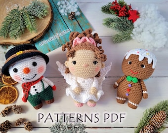 Christmas crochet PATTERNS set; 3 crochet PATTERNS PDF: Angel, Snowman, Gingerbread