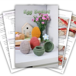May include: Crochet pattern for an egg basket, with instructions on how to make the basket. The pattern is called "Egg Basket" and is by "A Pinch of Cotton".