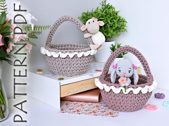 Easter basket crochet PATTERN PDF, crochet basket, Easter basket with bunny and sheep, crochet Easter décor, crochet bunny, crochet sheep