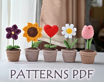 Flower in a pot crochet PATTERNS set; 5 crochet flower patterns PDF: daisy, tulip, sunflower, violet, heart plant; mini flowers in a pot PDF