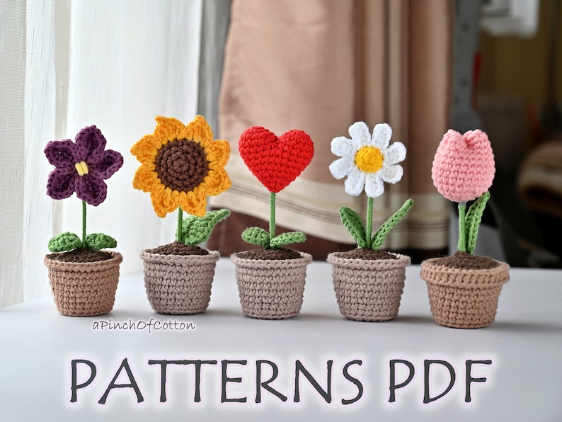 Flower in a pot crochet PATTERNS set 5 crochet flower patterns PDF: daisy, tulip, sunflower, violet, heart plant mini flowers in a pot PDF image 1