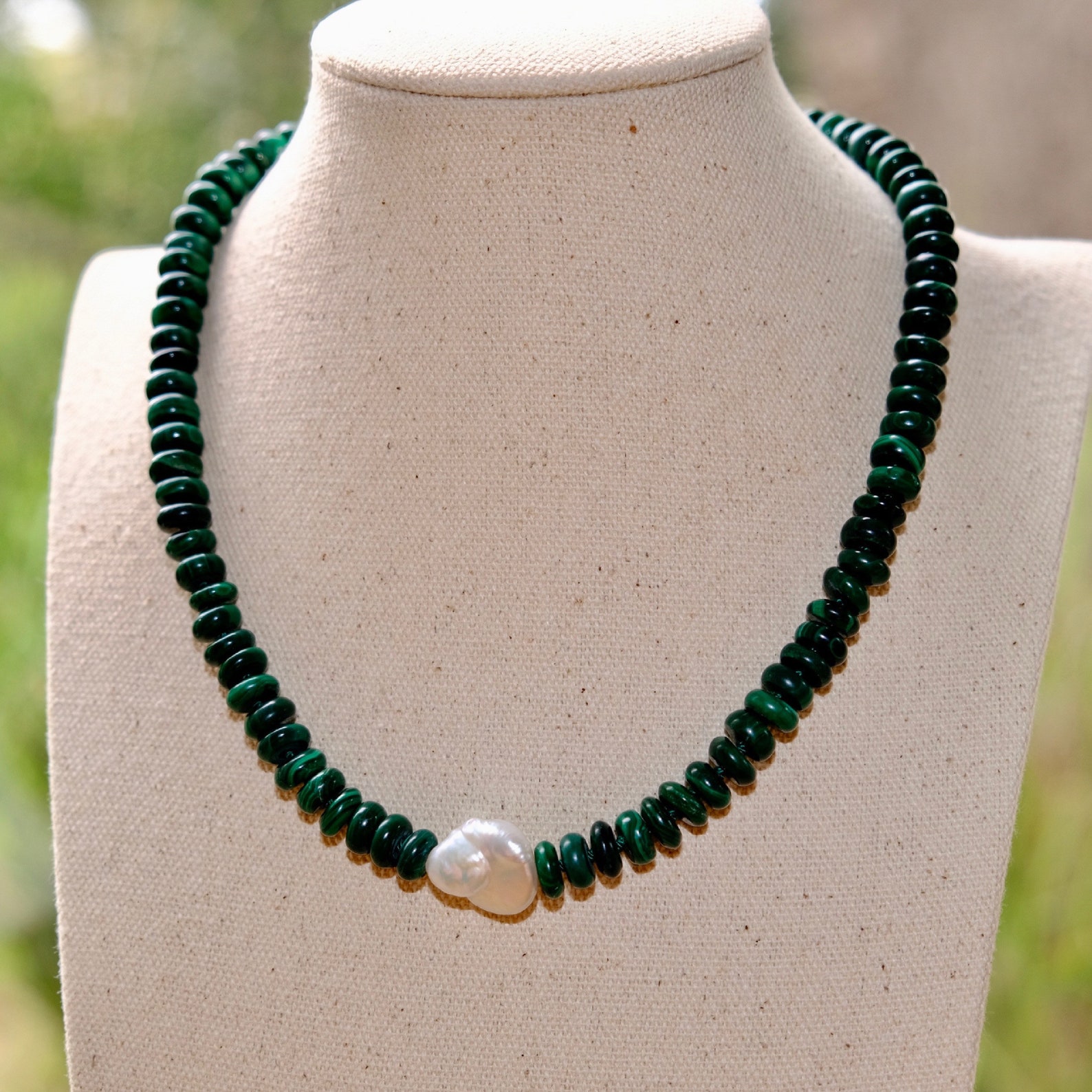 Malachite and pearl beaded necklace Gold filled Etsy