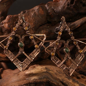 Large Wire Wrapped Earrings - Jade and Tigers Eye