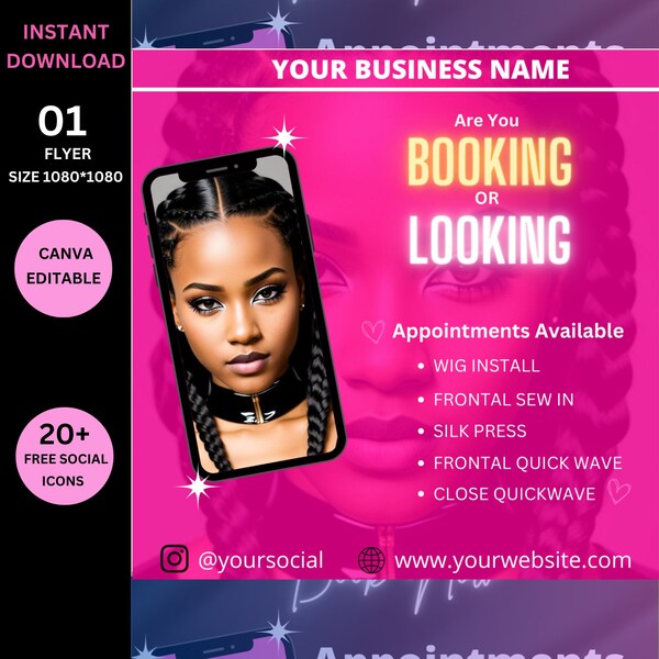 Booking or Looking Flyer, Hairstylist Appointments DIY Hair Special Flyer Book Now Available Flyer Premade Lashes Nails Wigs Canva Template