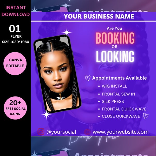Booking or Looking Flyer, Hairstylist Appointments DIY Hair Special Flyer Book Now Available Flyer Premade Lashes Nails Wigs Canva Template
