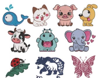 Cute Animals Embroidery Bundle, Zoo Animal Machine Embroidery, Cute Baby Jungle Animals Machine Embroidery, Sea Animal, Instant Downloads