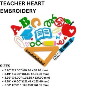 Op de afbeelding: Teacher Heart Embroidery ontwerp met schoolthema-elementen zoals een appel, potlood en liniaal. Het ontwerp bevat de tekst "TEACHER HEART EMBROIDERY" en is verkrijgbaar in verschillende maten, van 60,96 mm x 76,20 mm tot 141,73 mm x 178,05 mm.