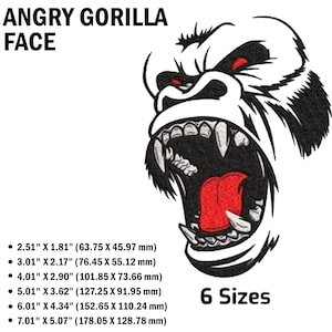 May include: A black and white illustration of an angry gorilla face with a red tongue and red eyes. The image is available in six sizes, ranging from 2.51 inches by 1.81 inches to 7.01 inches by 5.07 inches.