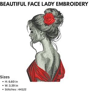 Belle dame avec des motifs de broderie Machine de fleurs, fichiers de broderie visage de femme élégante pour coussin, sac fourre-tout, trousse de maquillage, téléchargement immédiat
