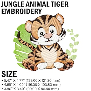 Op de afbeelding: Borduurwerk met een cartoon-tijger die op een groen blad zit. De tijger is oranje en zwart met een wit gezicht en poten. Het ontwerp is verkrijgbaar in drie maten: 13,90 cm × 12,10 cm, 11,90 cm × 10,30 cm en 9,90 cm × 8,60 cm.