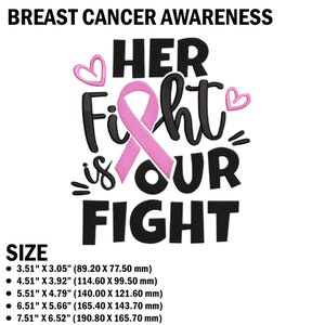 Pode incluir: Fita rosa com o texto "HER Fight is OUR FIGHT" em preto. A fita é um símbolo da conscientização sobre o câncer de mama. A imagem também inclui dois corações rosas. O texto abaixo da imagem lista diferentes tamanhos em polegadas e milímetros.