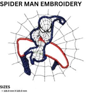 Può includere: Ricamo nero e rosso di Spider-Man che si dondola su una ragnatela. Il design è di circa 116,0 mm per 110,0 mm.