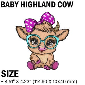 Baby Cow Highland Embroidery Design, Baby Cow with Bow Ribbon and Glasses Embroidery, Instant Download