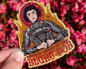 Pegatina con purpurina de Juana de Arco, patrona de Blunt Bob