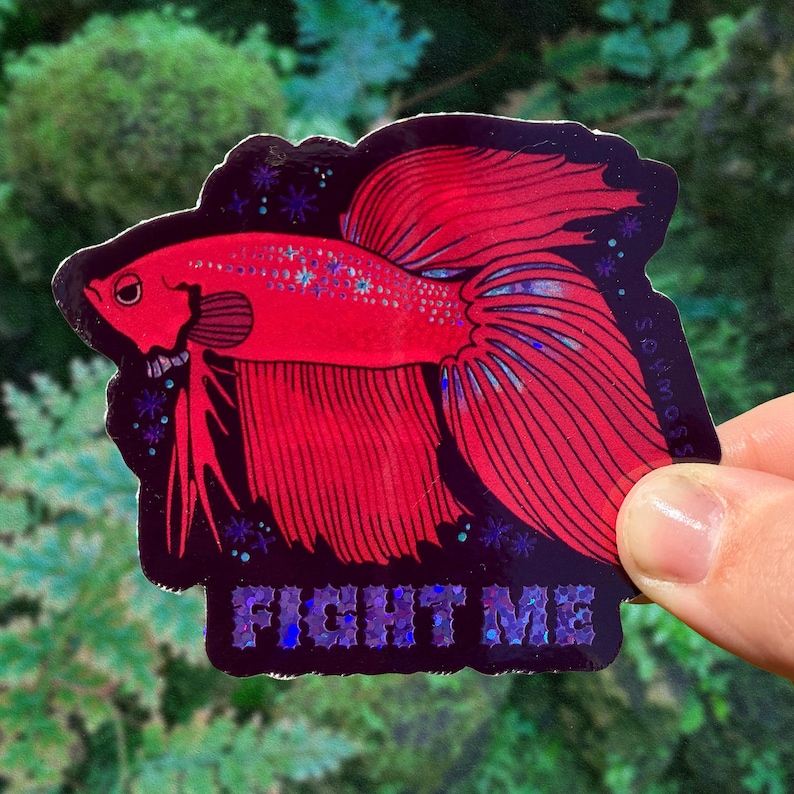 May include: A red Betta fish sticker with the text "FIGHT ME". The sticker features a detailed illustration of the fish with flowing fins and a dark background with stars. The sticker is held by a hand.