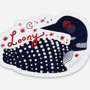 May include: A die-cut sticker featuring a stylized dark blue loon with white polka dots. The word Loony is written in red script above the bird, surrounded by small red stars and a crescent moon. The text Sormoss is visible in small white letters.