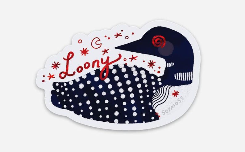 May include: A die-cut sticker featuring a stylized dark blue loon with white polka dots. The word Loony is written in red script above the bird, surrounded by small red stars and a crescent moon. The text Sormoss is visible in small white letters.