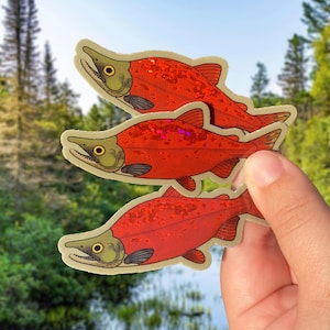 Sockeye Salmon Glitter Sticker // Fish Waterproof Glitter Sticker Laptop Decal Conservation Gift