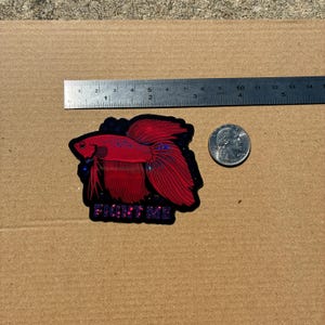 May include: A red betta fish sticker with the text "FIGHT ME" in purple. The sticker is on a brown surface next to a ruler and a quarter.