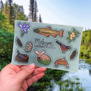 Michigan Iconography Sticker Sheet // Travel Waterproof Sticker Laptop Decal Conservation Gift