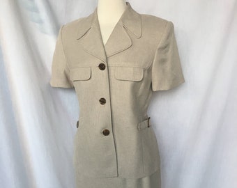 Vintage 90s Lord & Taylor Beige Skirt Suit w/ Tortoiseshell Buttons / Buckle Accents