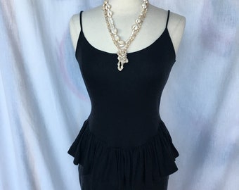 Vintage 80’s Black Knit Body Con Dress w/ Peplum and Spaghetti Straps
