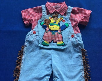 Vintage 90s Infants Cowboy Fringe Trim Overalls and Shirt w/ Hand Puppet
