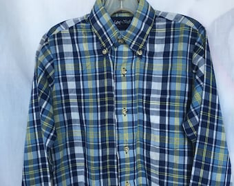 Vintage Lord & Taylor Boy’s Classic Navy, Light Blue,Yellow,White Plaid Shirt