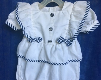 Vintage Early 90s Infants White w/ Navy Trim Nautical Ruffled Romper