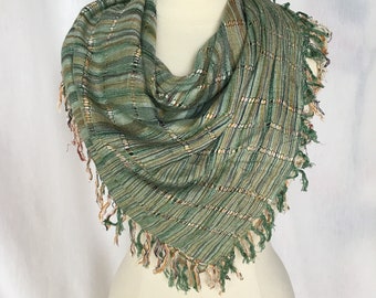 vintage 80's Seafoam Green,White,Blue,Gold Woven Scarf w/ Fringe