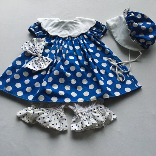 Vintage 90s Toddlers Blue/White Polka-dot Dress w/ Bloomers and Hat