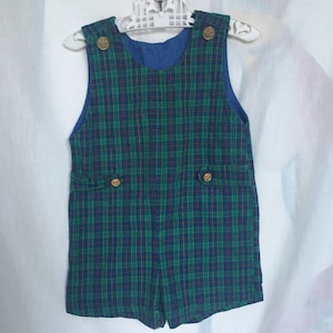 Vintage Toddlers Classic Green/Navy Plaid Shortalls w/ Gold Buttons
