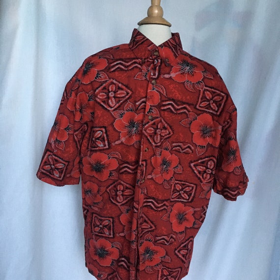Vintage 90’s Red Hawaiian Shirt w/ Silver,Black D… - image 1