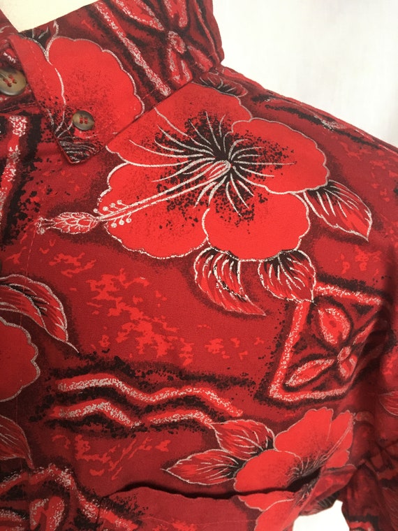 Vintage 90’s Red Hawaiian Shirt w/ Silver,Black D… - image 4