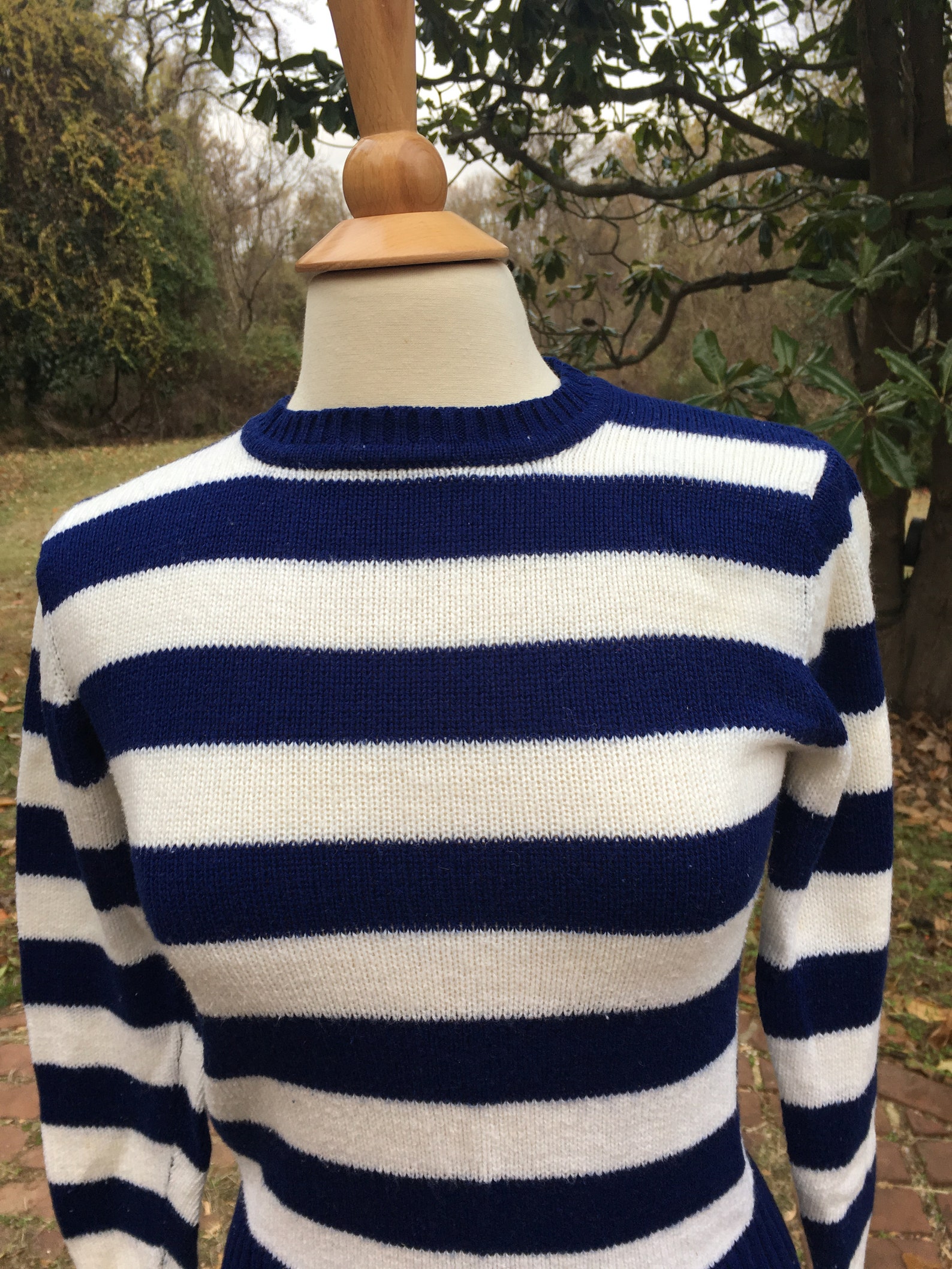 navy and white striped jumpers