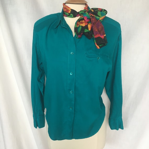 Vintage 80s Teal Country Western Style Blouse - image 1