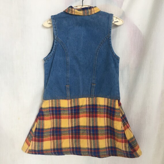 Vintage 90s Girls Denim/Plaid Flannel Jumper w/ H… - image 4