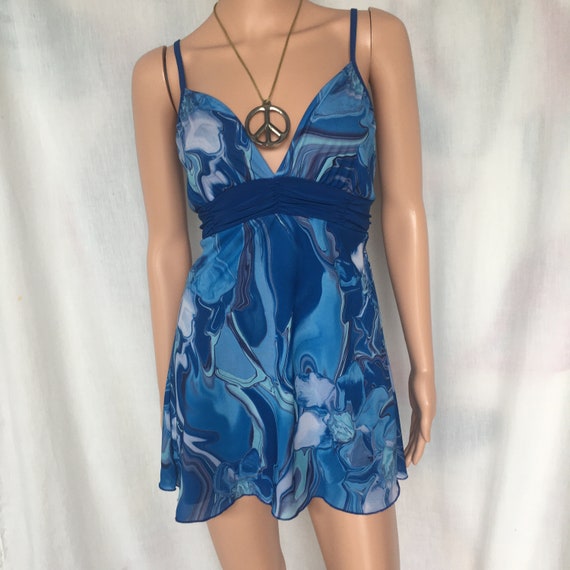 Vintage Y2k Blue/ Light Blue Swirl Print Mini Dre… - image 3