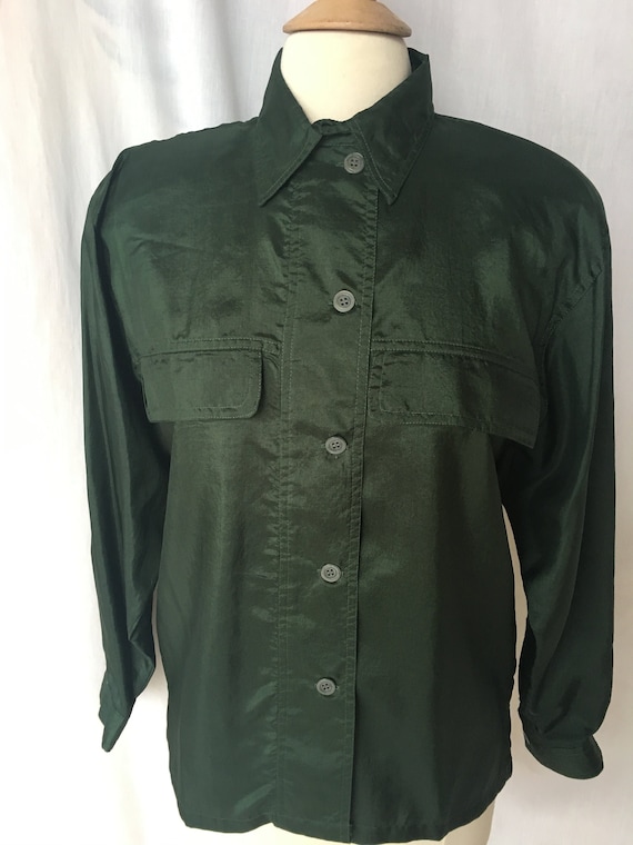 Vintage 90’s Dark Forest Green Silky Camp Style Bl