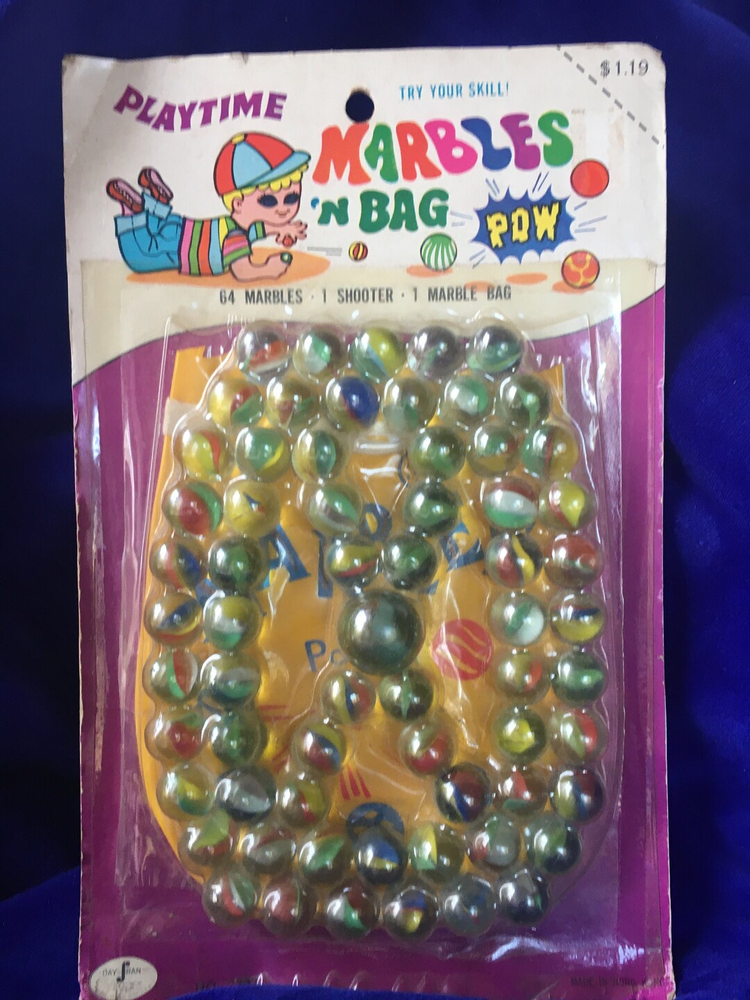 Vintage 60s/70s Playtime marbles n Bag Set of 64 in Sealed Package