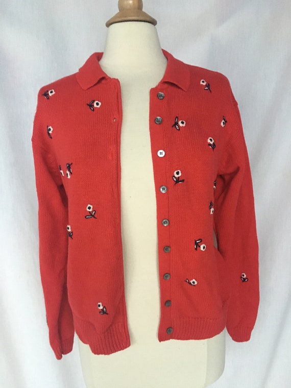 Vintage 90s CHAUS Red Cardigan w/ Embroidered Whi… - image 4