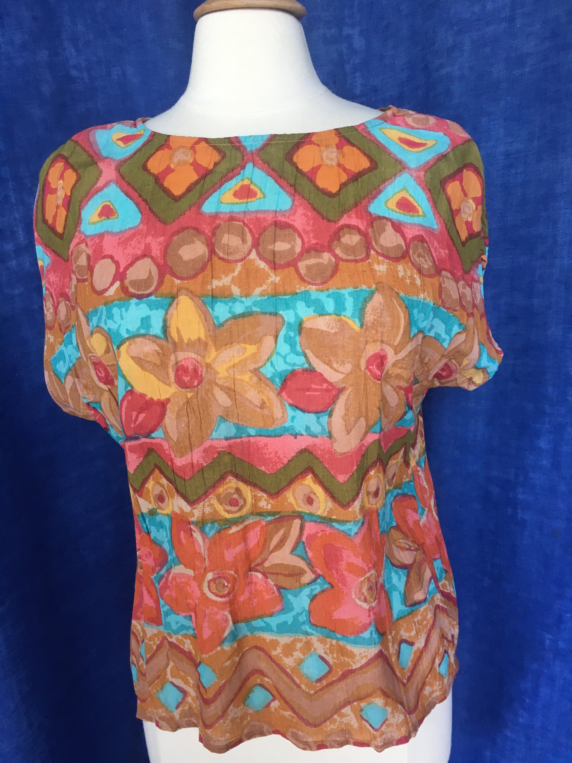 Vintage 90s Colorful Tropical Floral Crinkled Texture Shell Top - Etsy