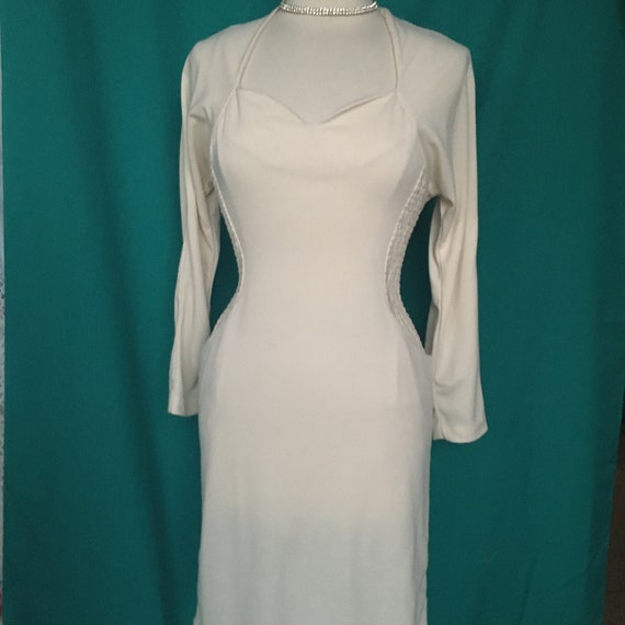 Vintage Early 90’s Creme Knit Body Con Dress w/ S… - image 4