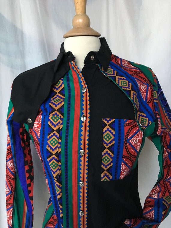 Vintage 90’s Country Western Black/Multi Color Ro… - image 2