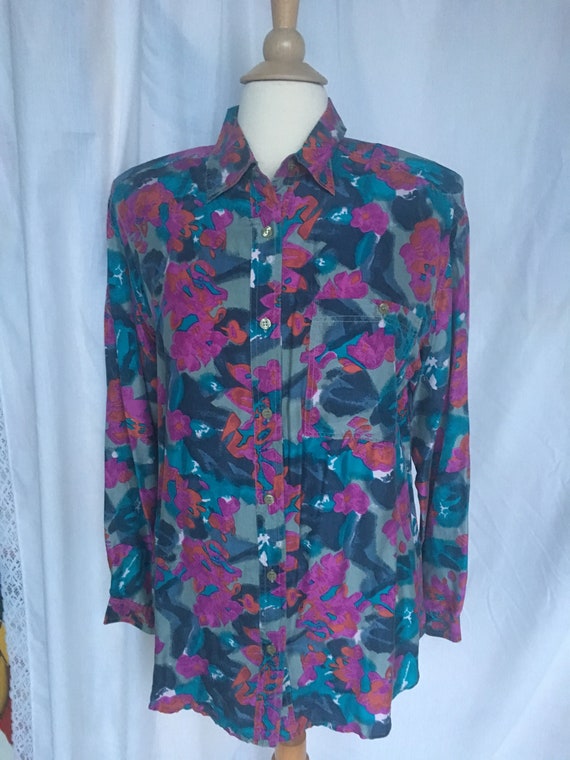 Vintage 90s Silk Floral Print Blouse - image 1