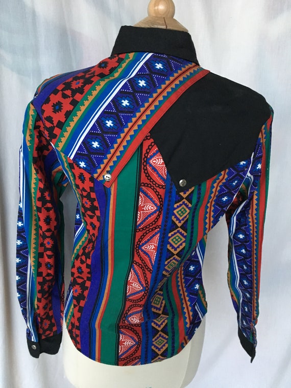 Vintage 90’s Country Western Black/Multi Color Ro… - image 7