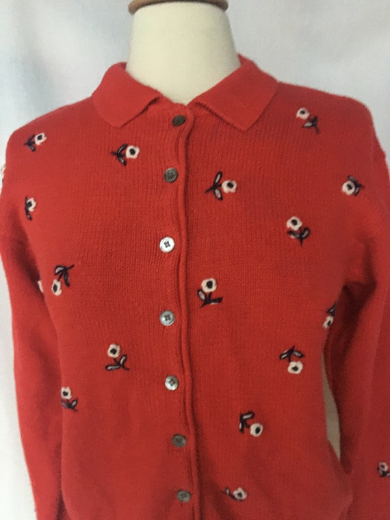 Vintage 90s CHAUS Red Cardigan w/ Embroidered Whi… - image 3