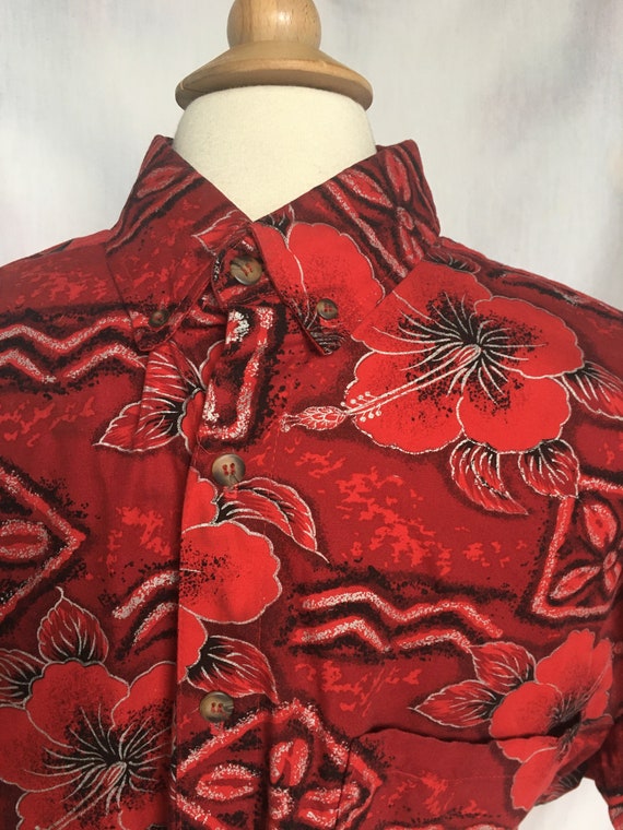 Vintage 90’s Red Hawaiian Shirt w/ Silver,Black D… - image 5